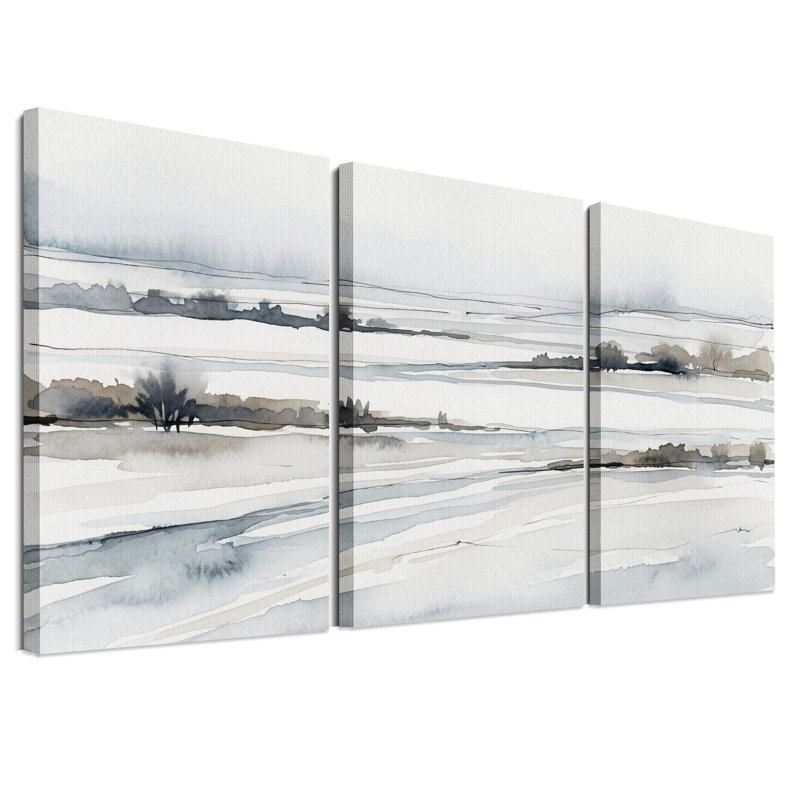 Ensemble de 3 toiles murales à l'aquarelle représentant des champs et des arbres enneigés en gris, 30"H x 20"W x 3pcs