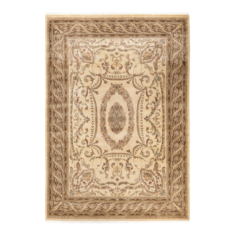 Tapis beige / brun / vert noué à la main de conception unique 8 pi 3 po x 11 pi 5 po Hayner