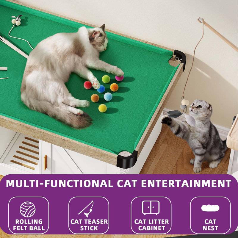 White Wooden Cat Litter Box Enclosure with Mini Pool Table