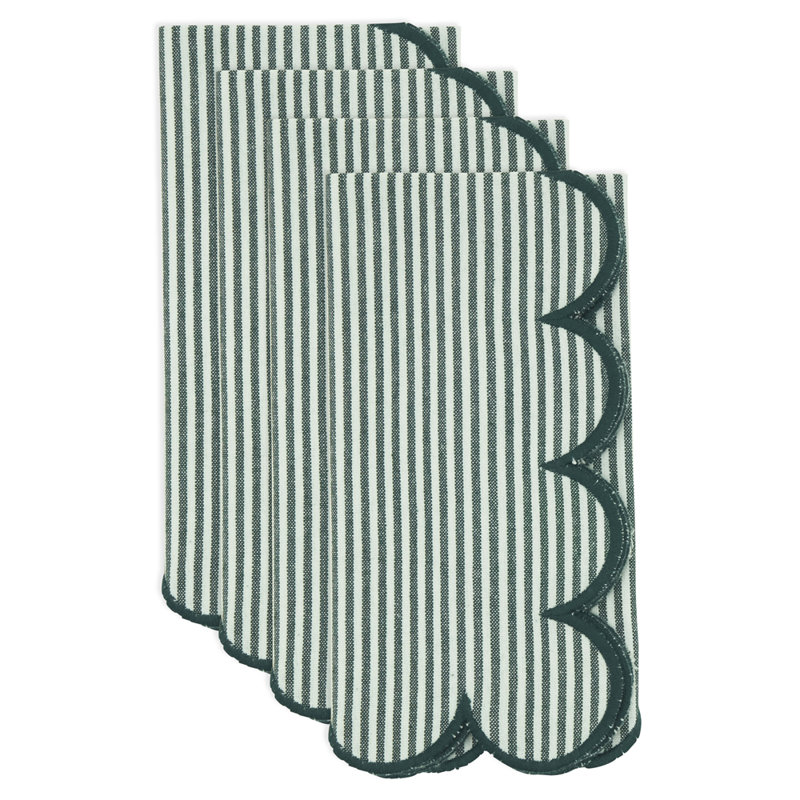 Green Striped Scalloped Cotton Cloth Napkins 20" W X 20" L, Set Of 4, Green
