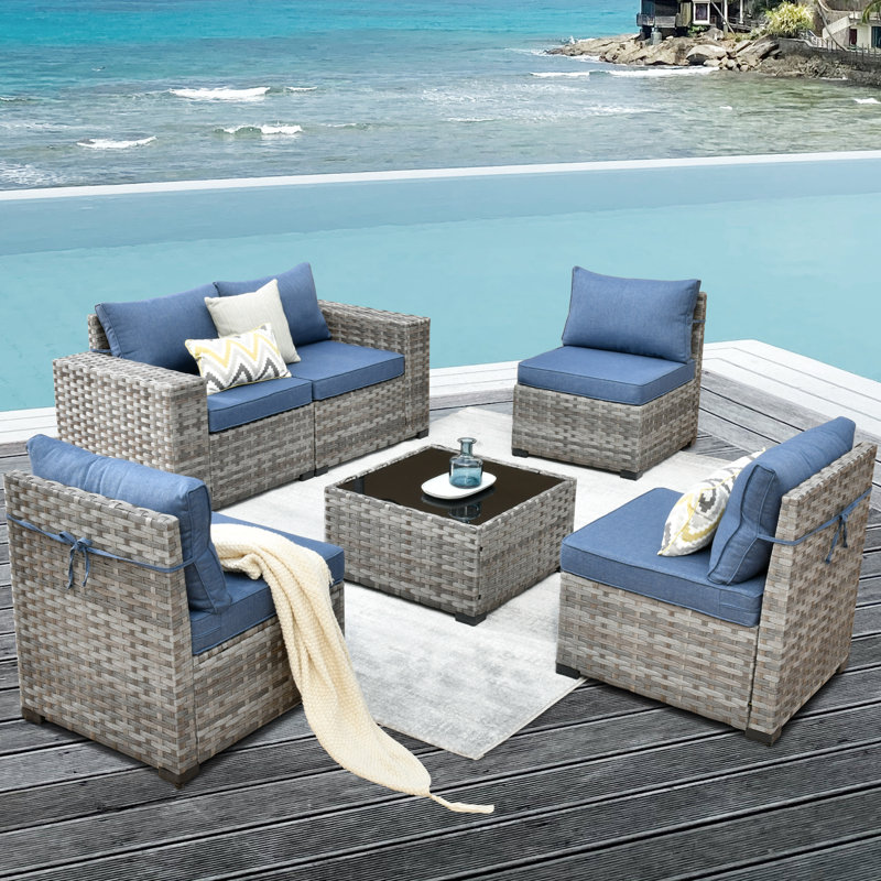 Dikembe 5 - Person Patio Conversation Set with Cushions, Denim Blue