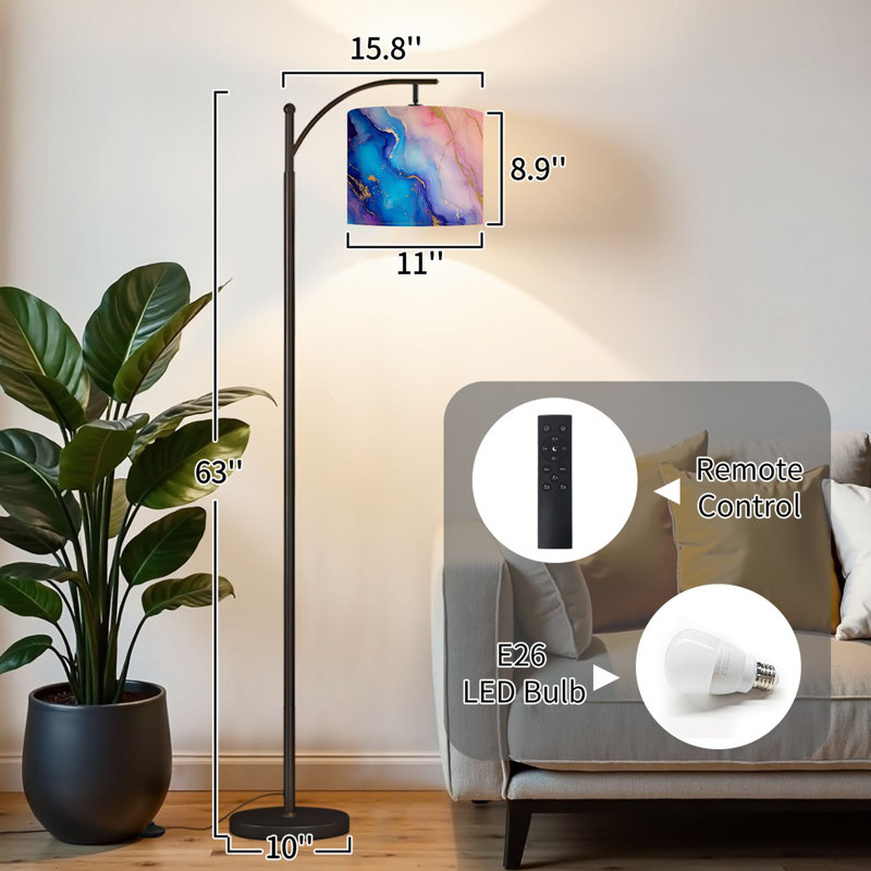 Lampe sur pied à arc avec abat-jour réglable Encre alcoolisée translucide, lampe sur pied en marbre multicolore à 3 couleurs, intensité variable, grand lampadaire avec interrupteur au pied pour la chambre à coucher