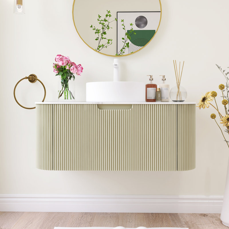 Wall Mounted Floating Striped Bathroom Vanity Set With Artificial Marble Top And Ceramic Vessel Sink, Light Green, 36"
