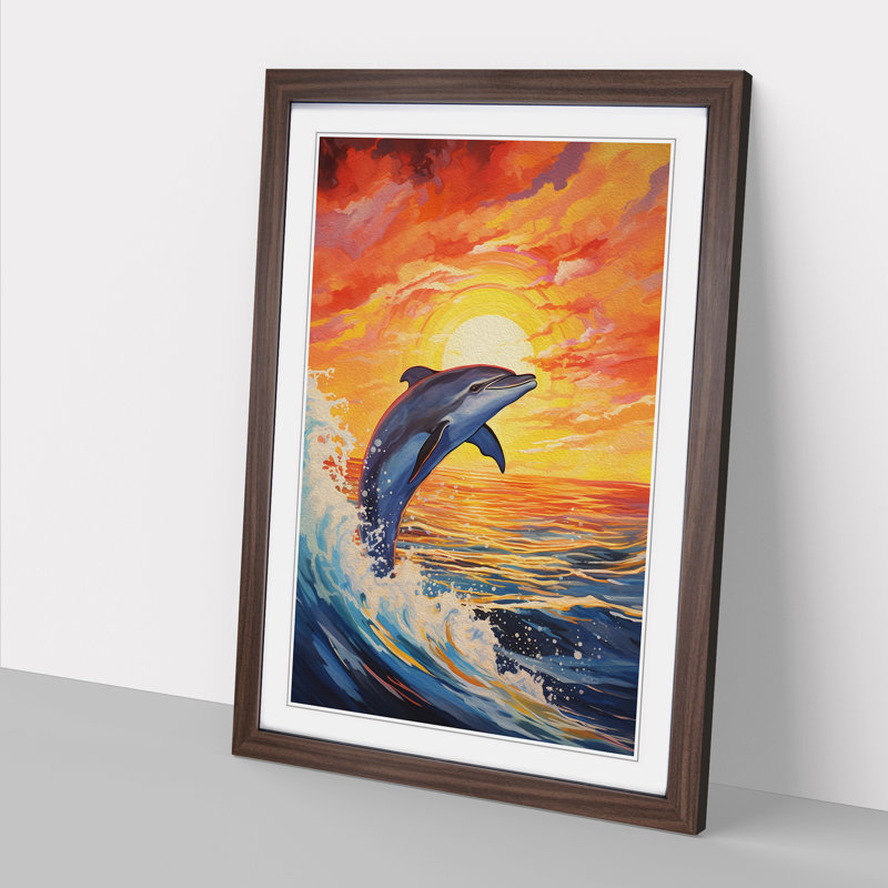 Dolphin Expressionism - Single Picture Frame Print on Wood, Walnut Framed, 34cm H x 25cm W