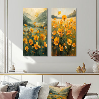Yellow Green Buttercups Sunlit Meadow III - Buttercups Wall Art 2 Pieces Set