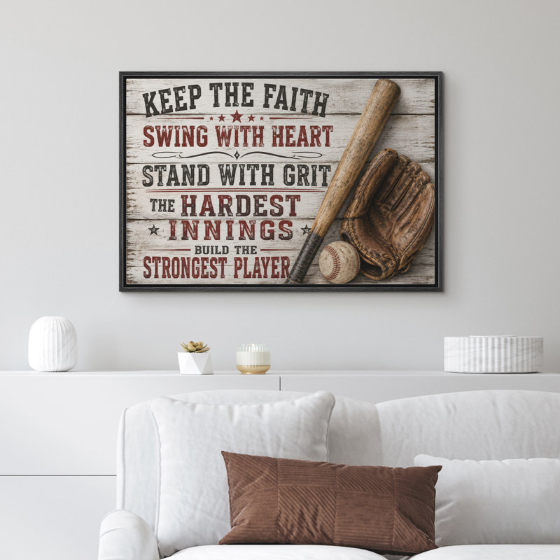 «Baseball Faith Motivation Quote Rustic Sports Decor», reproduction d'art encadrée sur toile, 24" H x 36" W x 1.5" D, Black