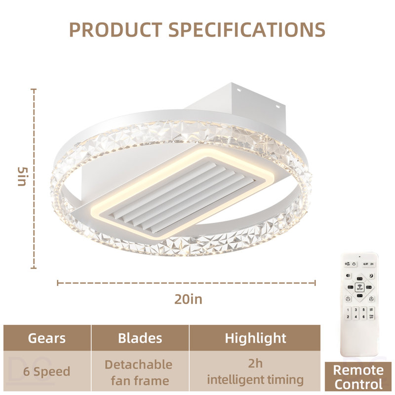 Ventilateur de plafond moderne sans feuille de 20 pouces avec moteur réversible amovible et lavable à télécommande, Blanc
