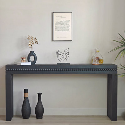 Console 64 po en bois noir moderne, élégante table d'entrée avec bordure décorative perlée