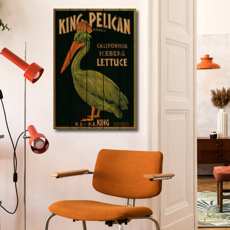 Wood Wall Art Print - King Pelican Brand California Lettuce Label Vintage Poster by Unknown Artist, 40" H x 26" W