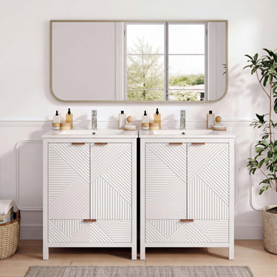 48-Inch Modern Bathroom Vanity Set with Two Ceramic Sinks, Single Faucet Hole, Textured Doors, Soft-Close Hardware, and Ample Organized Storage for Efficient Bath Space Use.