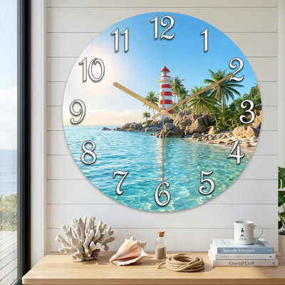 Landscape & Nature Lighthouse Beach Palm Trees Ocean Sky Clock Face Ultra Clear Glass Wall Clock
