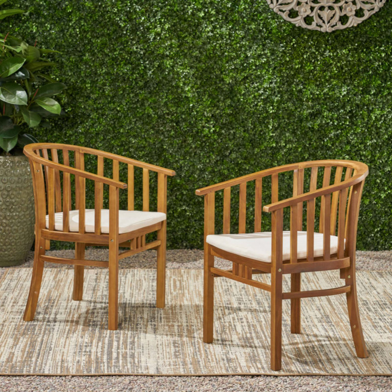 Chaises de salle à manger d'extérieur en bois avec coussins, ensemble de 2