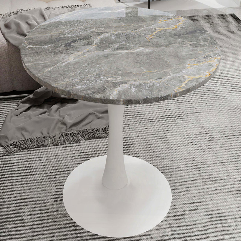 Table basse ronde à effet marbre 27,6 po avec plateau veiné gris foncé et base blanche, Gris foncé, Blanc