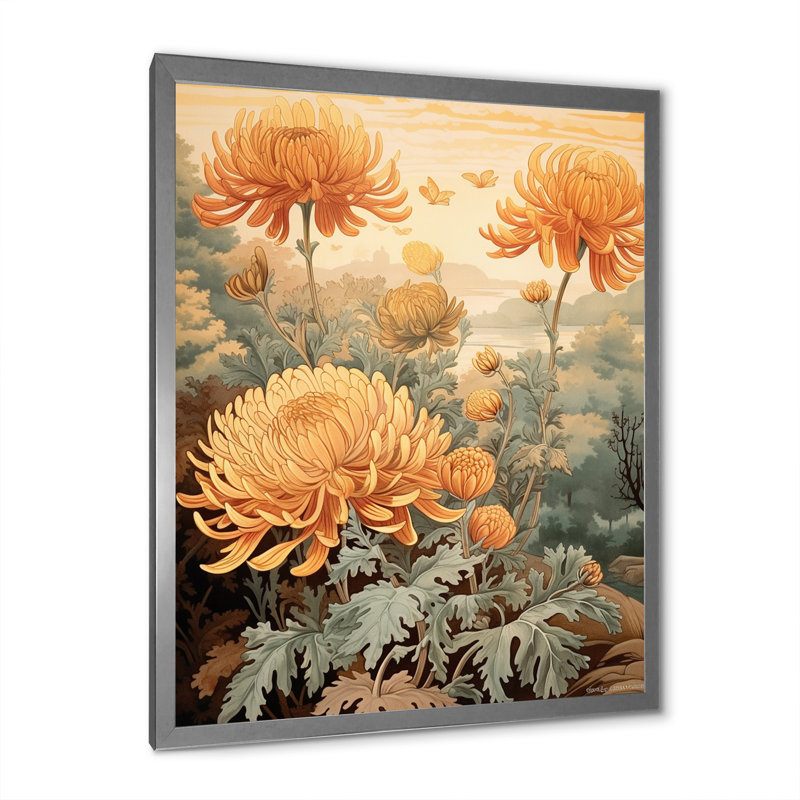 «Blooming White Orange Chrysanthemum Retro Art I», reproduction, H 40 po x l 30 po x P 1,5 po, Cadre photo argenté