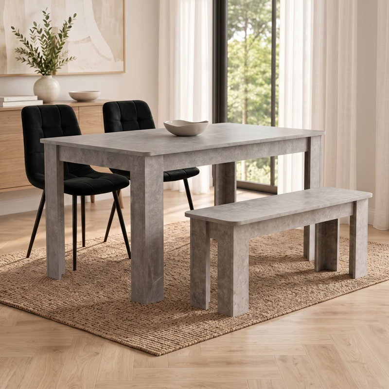 Stone Grey Effect Dining Table Set with 2 Black Velvet Chairs and Bench 4 Seater
