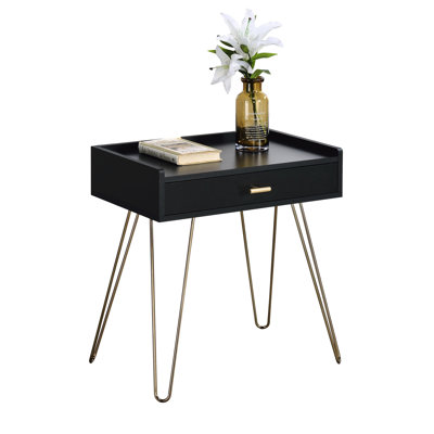Black And Gold Wood Table With Storage Functionality - Contemporary Look, 22"W X 14"D 24"H