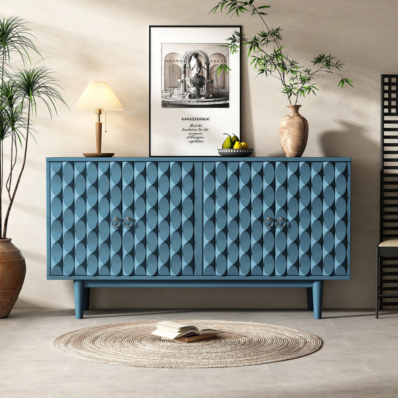 Buffet 4 portes avec portes à motif convexe, Bleu marine