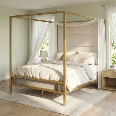 Queen\King Metal Canopy Bed with Linen\Velvet‑Upholstered Headboard