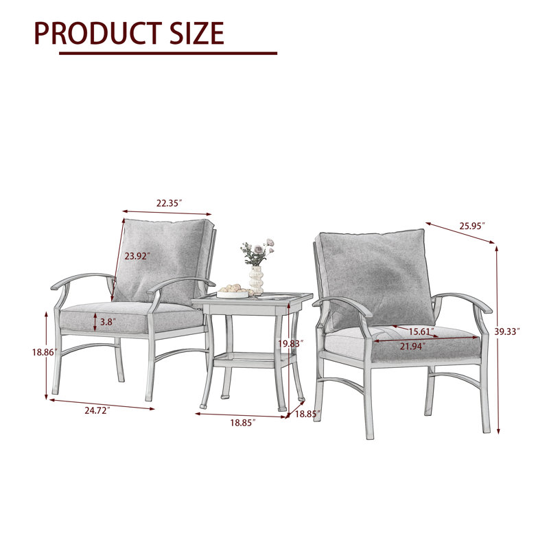 Ensemble de chaises d'extérieur en métal 3 pièces Nickita avec coussins et table de bout, Beige