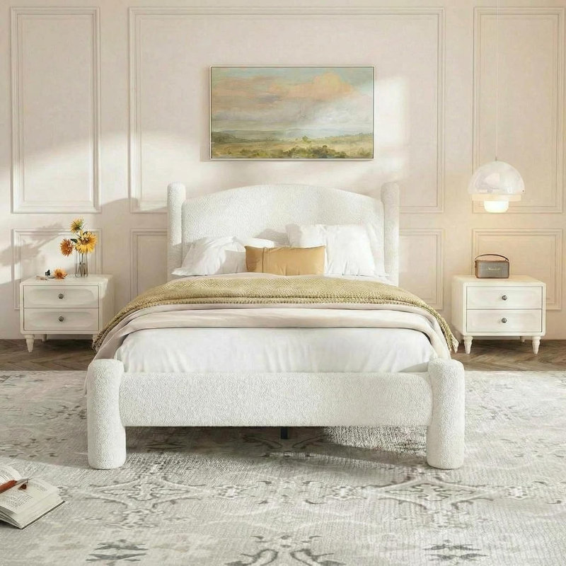 Platform Bed Frame, Cloud Collection with Boucle Upholstery & Rounded Headboard, Heavy Duty & Noise Free, Twin Size/White