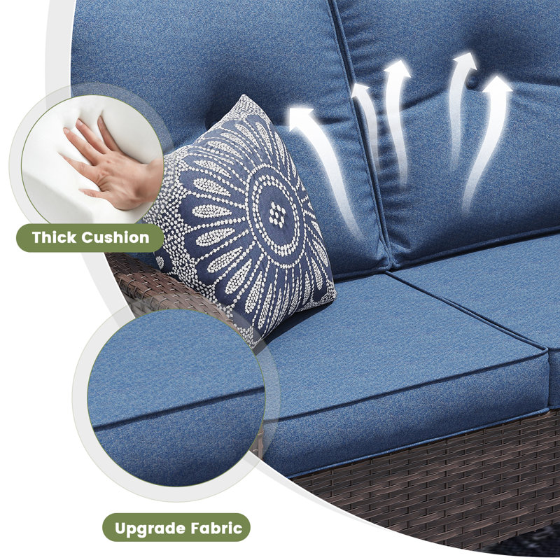 Stylish Outdoor Woven Rattan Sofa, Navy Cushion/Brown Frame