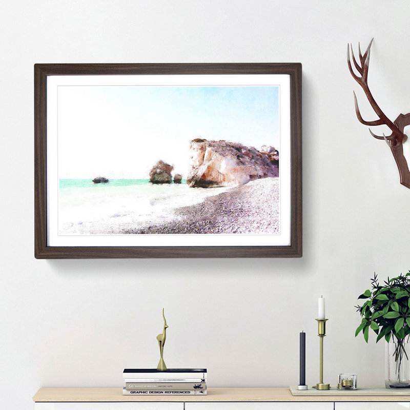 White Sand Beach in Cyprus - Picture Frame Painting Print on MDF, Walnut Framed, 62cm H x 87cm W x 2cm D