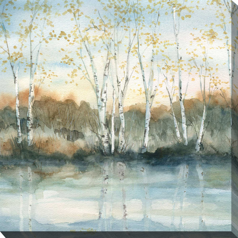 Birch Riverbank par Carol Robinson - Peinture, L 18 po x H 18 po, Toile tendue