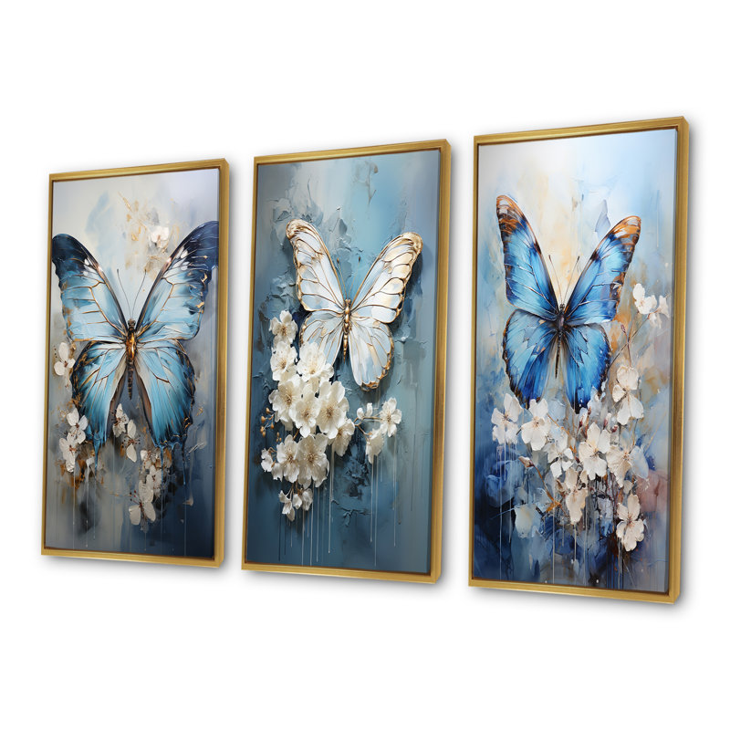 Butterfly Ethereal Blues Form Abstract Elegance, Gold Floater Framed, 40" H x 60" W