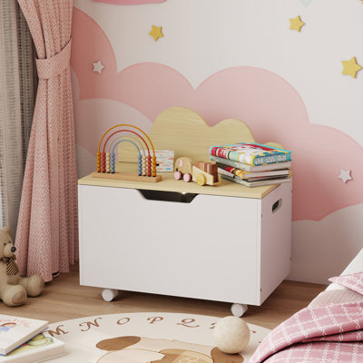 AIYAPLAY Toy Box for Kids, Toy Chest with Wheels and Safety Hinges, White