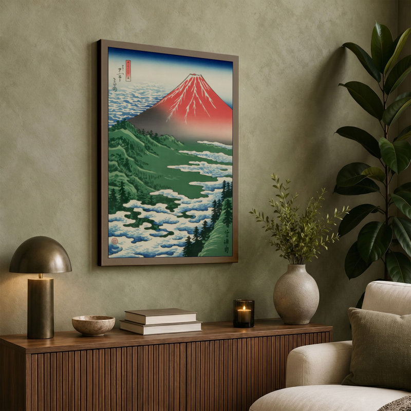 Mount Fuji Rising Japandi - Wrapped Canvas, 24x16 - 61.0 x 40.6 cm, Black Border