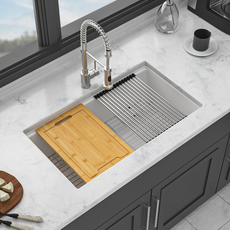 Quartz Composite Sink 33X19" White - Robust Workstation Undermount With Included Feature Granite Kitchen Extra Bundle