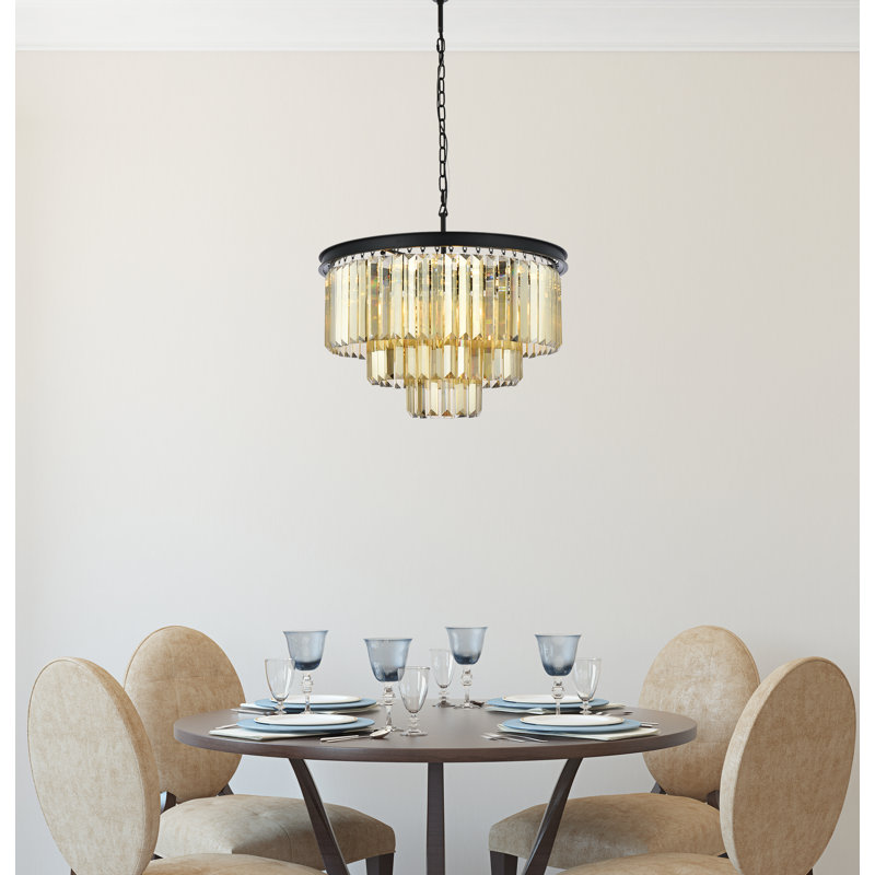 Yazmin 9 - Light Steel Dimmable Tiered Chandelier, Matte Black, Smoky