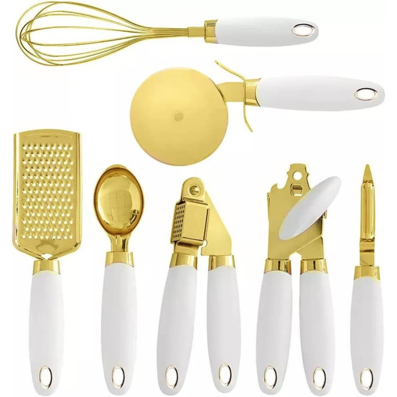 7-piece Gold & White Kitchen Utensil Set With Anti-slip Handles