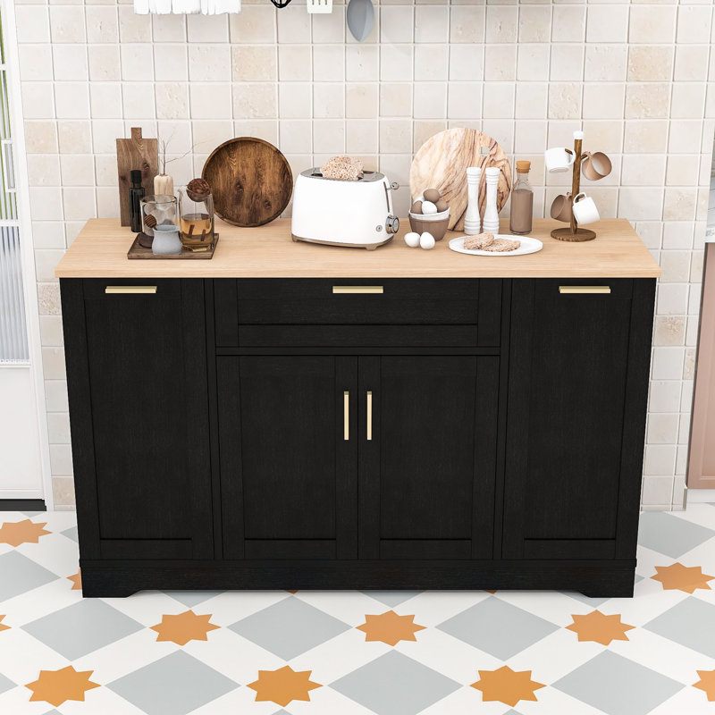 Kitchen Island with 3-Tier Slide-Out Storage Rack, Adjustable Shelf Cabinets and Buffet Cabinet, Black