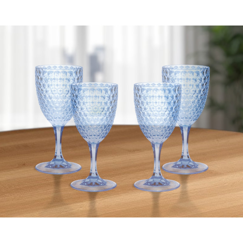 Set of Four Blue Diamond Pattern Acrylic Stemmed Wine Glasses