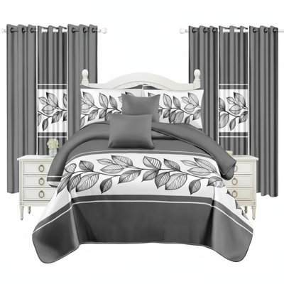 Ensemble de literie et de rideaux botaniques gris 3/6/9 pièces, couvre-lit matelassé à motif de feuilles moderne avec 6 panneaux de fenêtre filtrant la lumière et 2 taies décoratives, couvre-lit en microfibre hydrofuge, animaux de compagnie