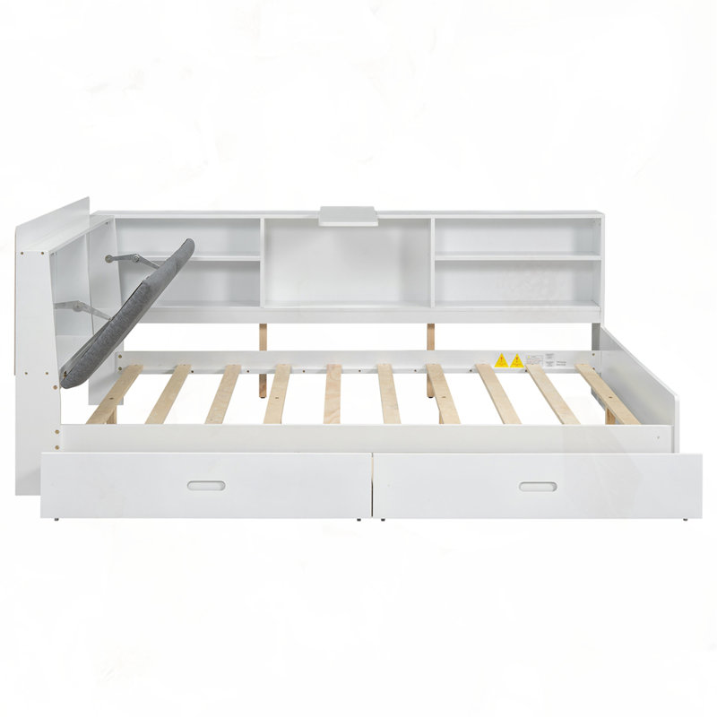 Lit plateforme en bois avec 2 tiroirs, Blanc