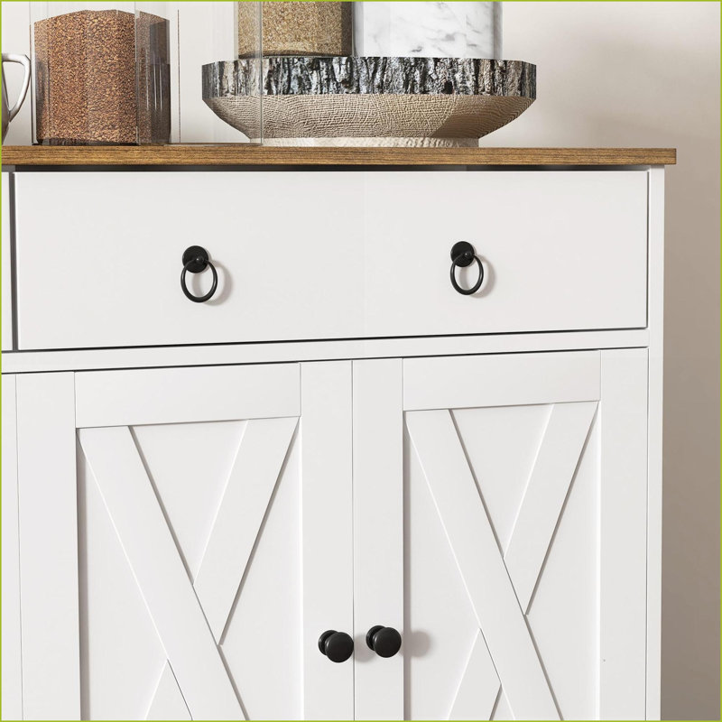 Sideboards, Farmhouse White Buffet with 2 Drawers, 4 Barn Doors &amp; Adjustable Shelves | Wood Grain Top | Particle Board Frame