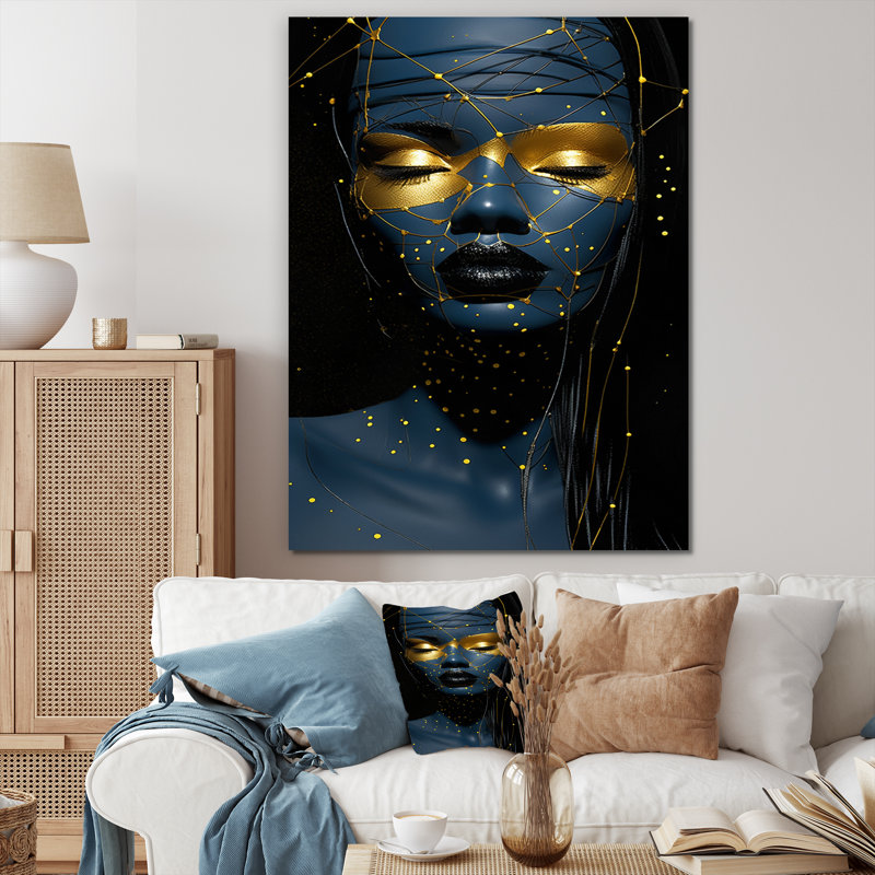 «Florianne Gold and Blue Masked Woman», reproduction, H 40 po x l 30 po x P 1,5 po, Toile tendue