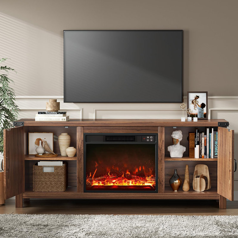 Meuble télé avec deux portes de grange et armoires de rangement pour téléviseur de 65 po ou moins, console de divertissement