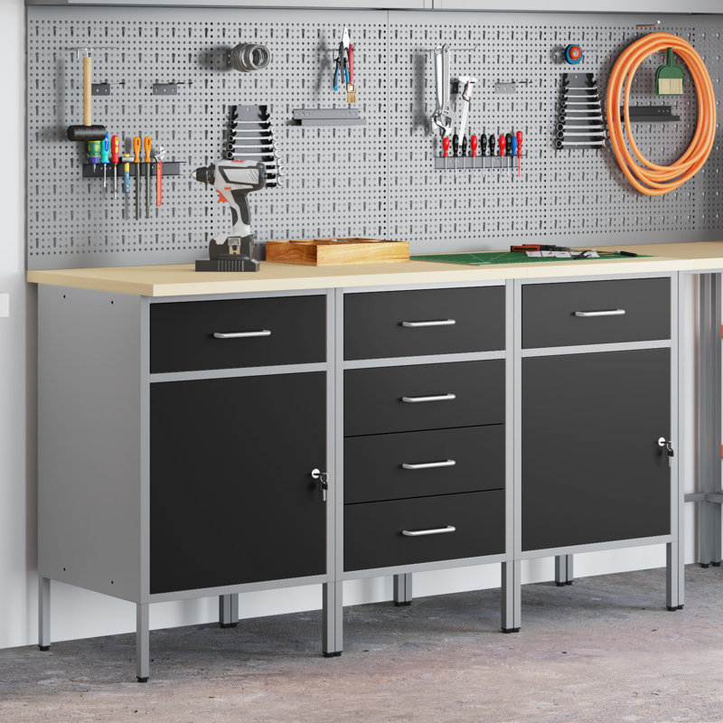 Set Of 3 Steel Medium Height-Adjustable Work Cabinet, Black