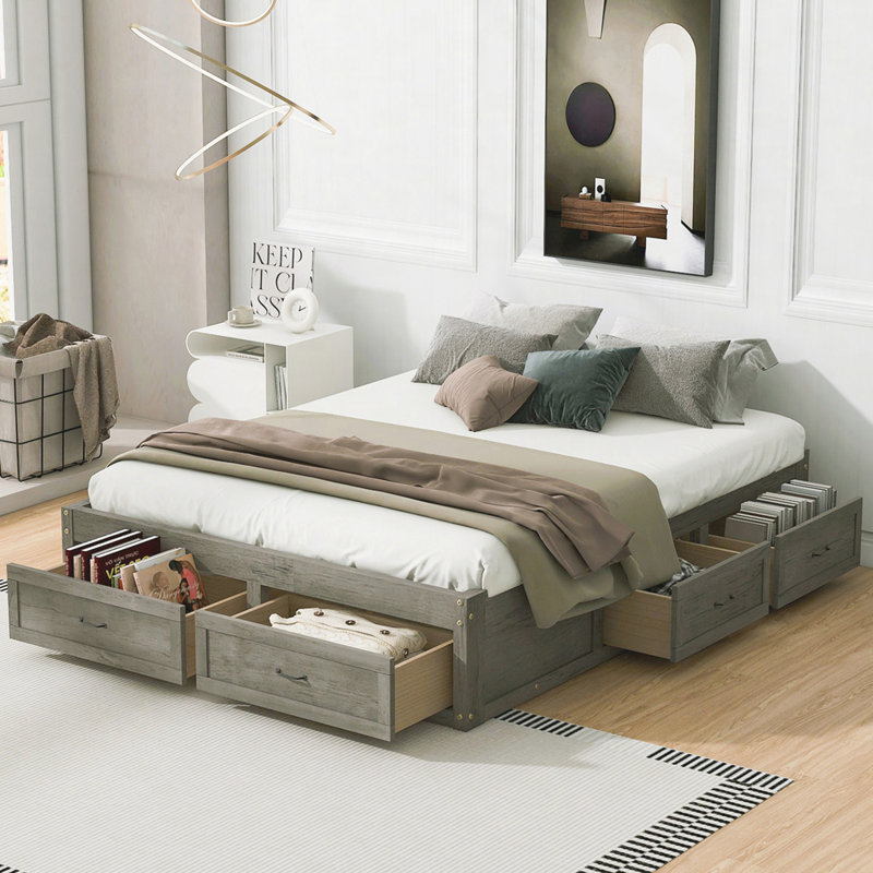 Lit plateforme avec 6 tiroirs de rangement, Gris antique, Grand