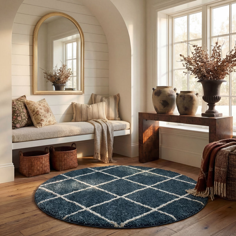 Humberto Hudson Shag Performance Geometric Rug, Round 7', Slate Blue/Ivory