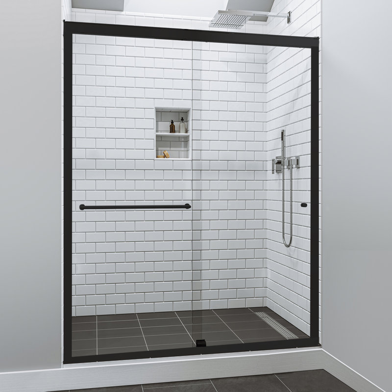 48" Matte Black Semi-Frameless Sliding Shower Door with Clear Glass