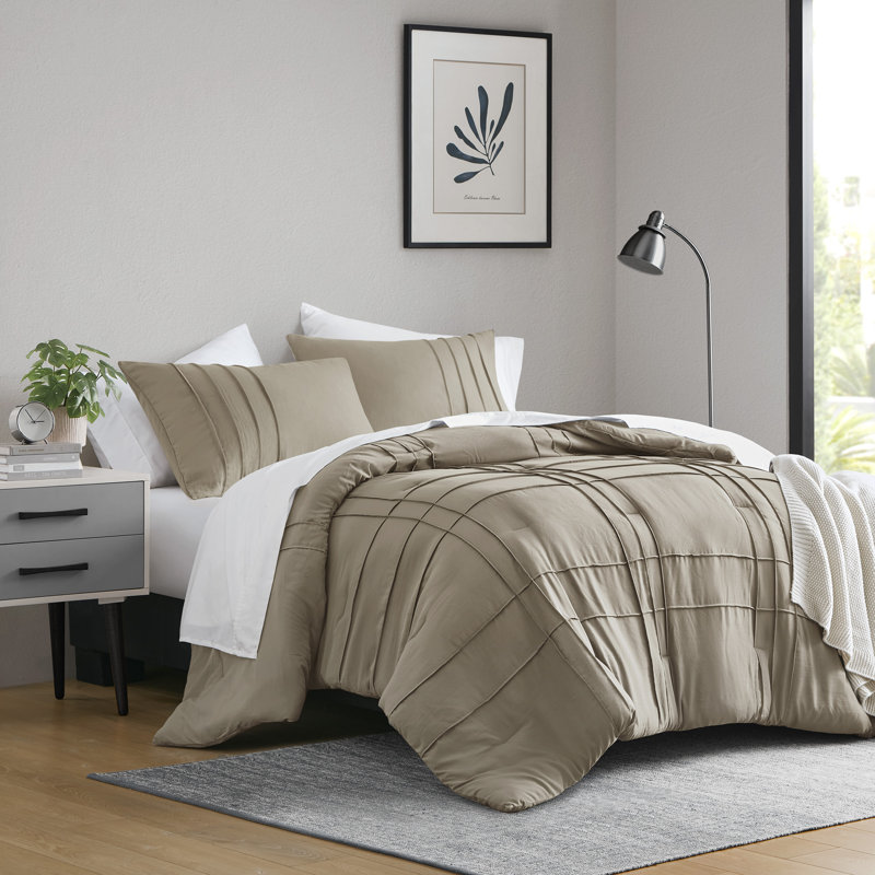 Porter Soft Washed Pinch Pleated Comforter Set, Queen Comforter + 2 Standard Shams, Khaki