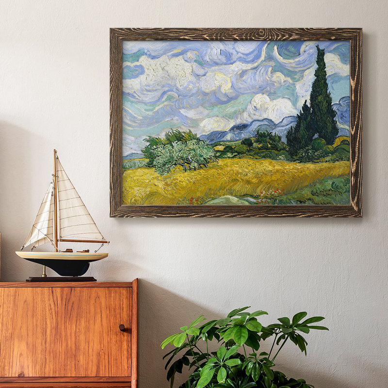 Champ de blé avec cyprès, reproduction sur toile, H 26 po x l 38 po, Noyer
