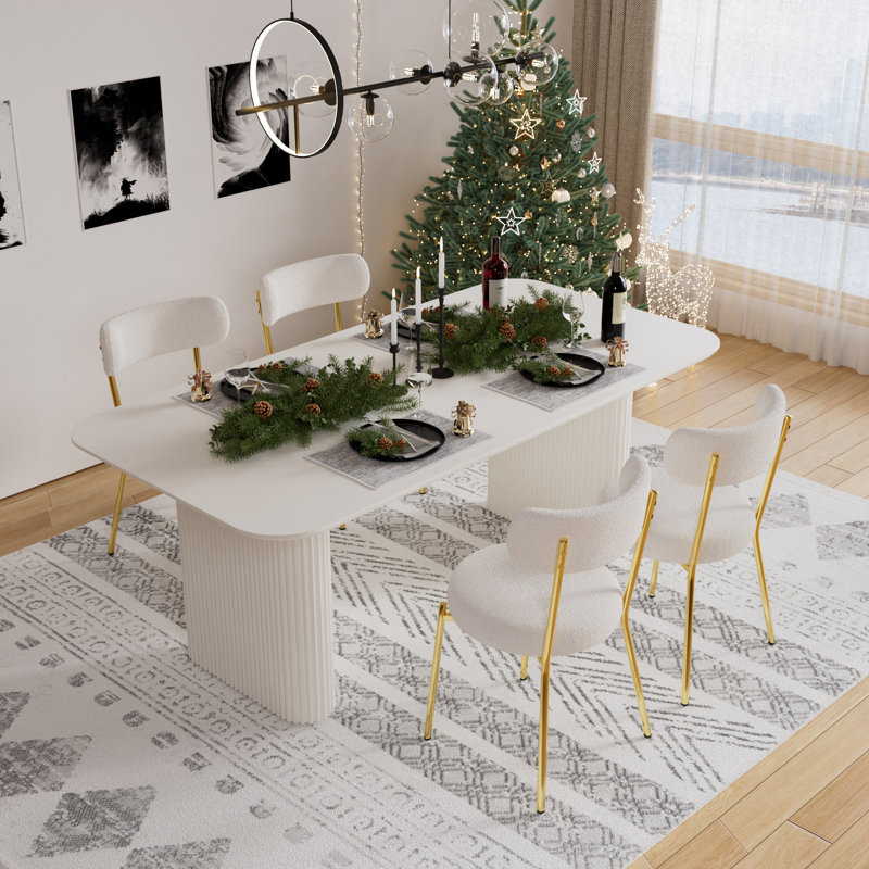Ensemble de salle à manger rectangulaire à double piédestal avec table de salle à manger de style crème, 5, Blanc