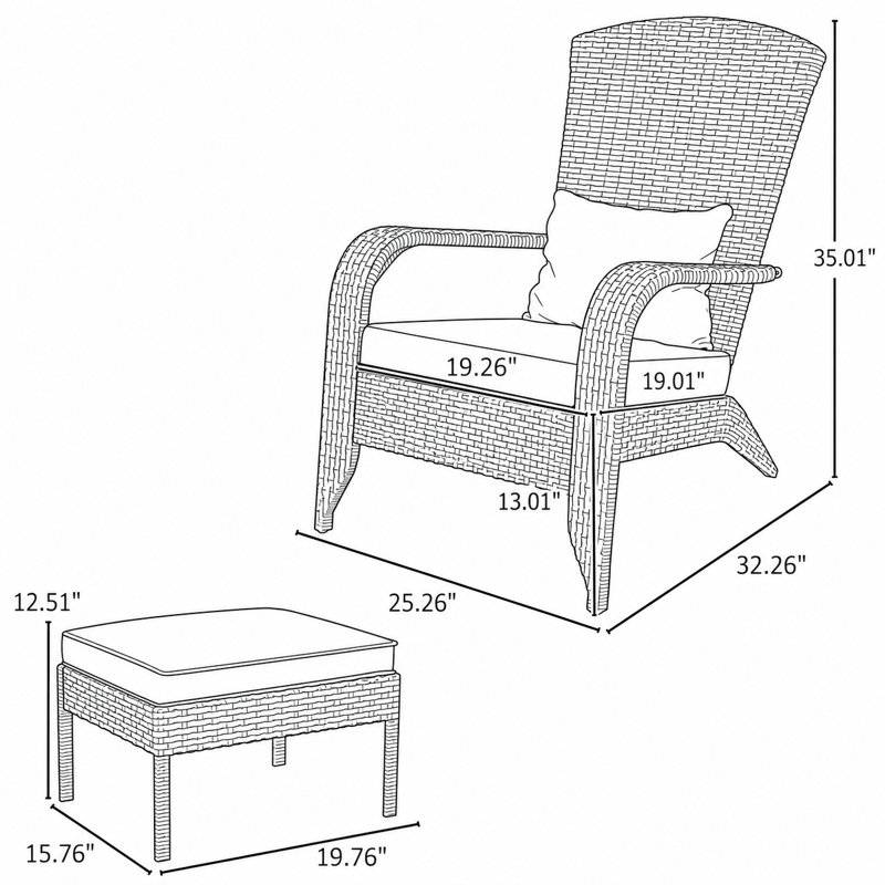Ensemble de chaise Adirondack et repose-pieds en rotin PE de style classique avec coussins amovibles pour porche de terrasse et bord de piscine