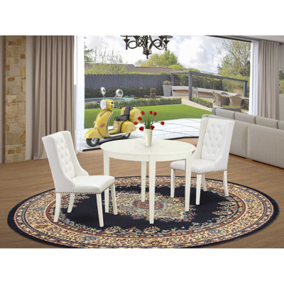 3 Piece Dining Set Contains a Round Kitchen Table and 2 Light grey Faux Leather Parson Dining Room Chairs, Linen White