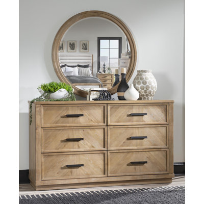 Torrance 68" Wide Aged Driftwood Coastal Casual Six Drawer Dresser with Integrated Power